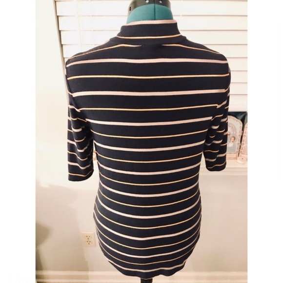 ANN TAYLOR Mock Neck Navy Striped Elbow Sleeve Top - Picture 5 of 9